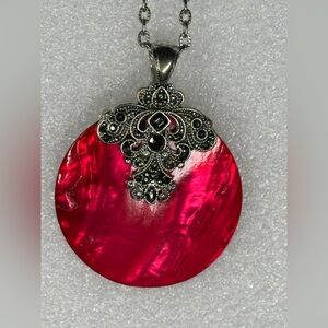 Red Round Shell Pendant With Silver Tone Filigree Style Bail With Accents